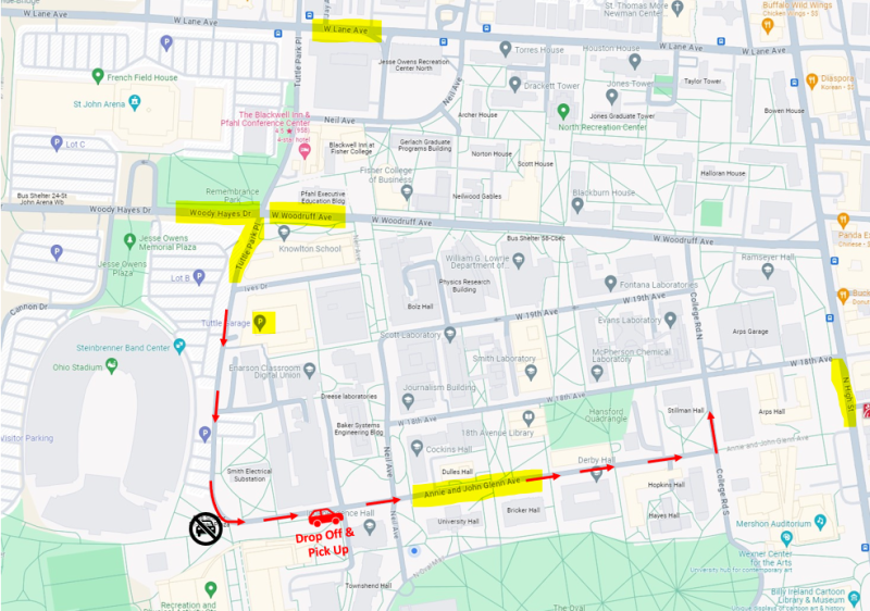 Map of Ohio State campus, with route for drop-off and pick-up of summer program students highlighted. 