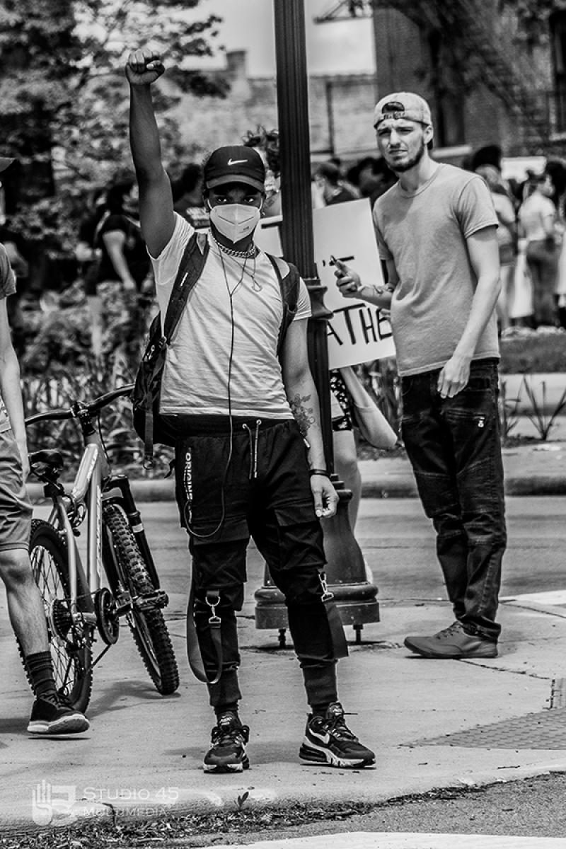 Protester gives the black power salute at a protest in Mansfield in May 2020