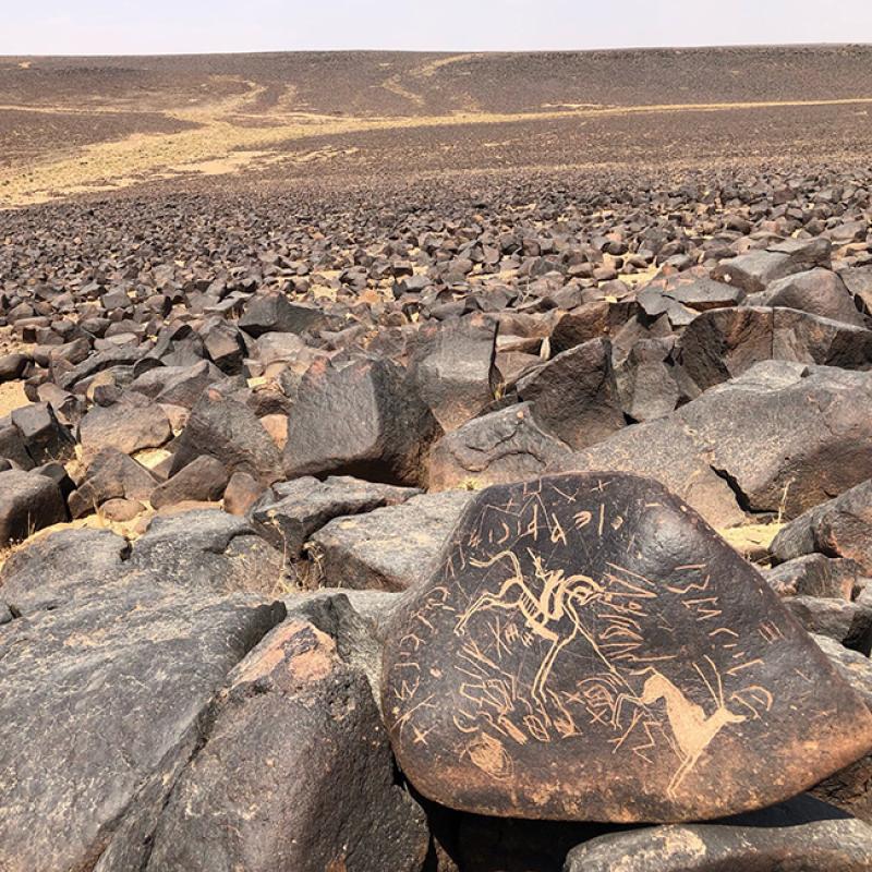 A rock in the Harrah with Safaitic text and a carving of a hunter spearing an antelope. A rock in the Harrah with Safaitic text and a carving of a hunter spearing an antelope.