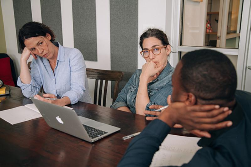 "Serial" executive producer Julie Snyder (left), host Sarah Koenig (middle) and co-host and reporter Emmanuel Dzotsi. Photo credit Sandy Honig.