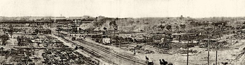 A panoramic view of the aftermath of the Tulsa Race Massacre A panoramic view of the aftermath of the Tulsa Race Massacre