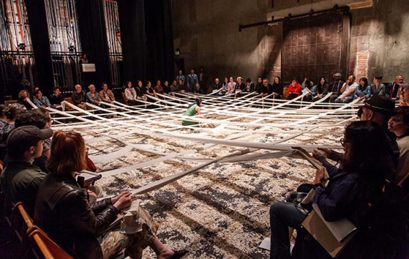 A still from Distinguished University Professor Ann Hamilton's immersive theater performance, "The Theater is a Blank Page," which was staged at UCLA's Center for the Art of Performance in May. Image courtesy Calista Lyon. A still from Distinguished University Professor Ann Hamilton's immersive theater performance, "The Theater is a Blank Page," which was staged at UCLA's Center for the Art of Performance in May. Image courtesy Calista Lyon.