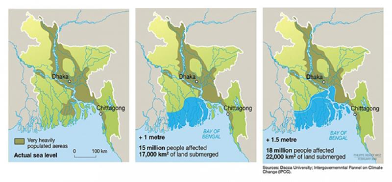Visualization of varying degrees of sea level rise in Bangladesh Visualization of varying degrees of sea level rise in Bangladesh