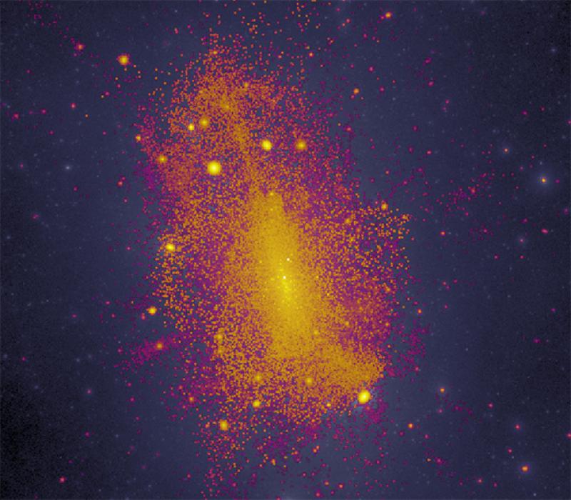Stellar halo The Milky Way galaxy is surrounded by a halo of stars, as simulated in this image (courtesy Annika Peter, CCAPP).
