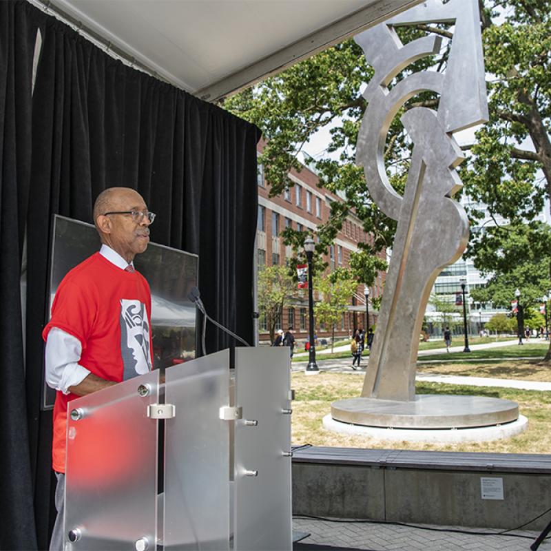 Ohio State President Drake at the Modern Head dedication Sept. 11