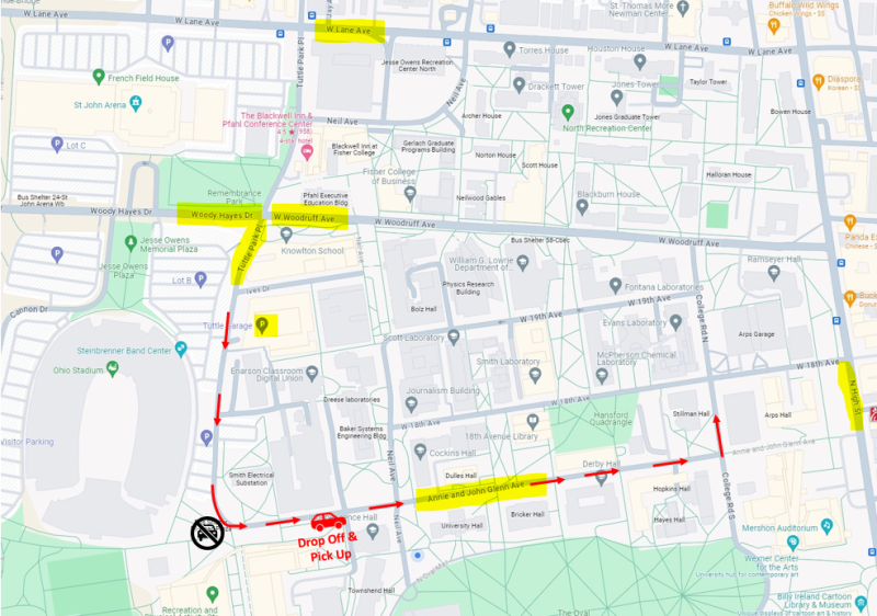 Map of Ohio State campus, with route for drop-off and pick-up of summer program students highlighted.