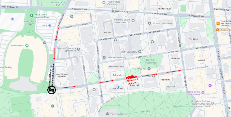 Google Maps image showing the route to drop-off and pick-up students