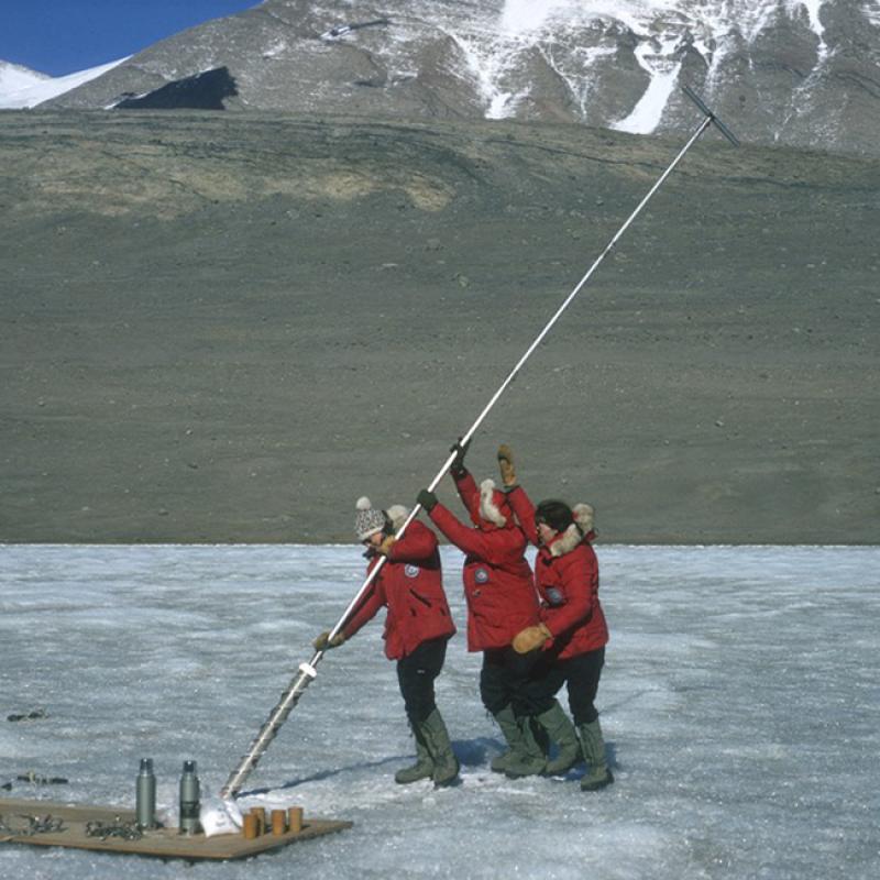 McSaveney, Tickhill and Lindsay drill into Lake Bonney in Taylor Valley. McSaveney, Tickhill and Lindsay drill into Lake Bonney in Taylor Valley.