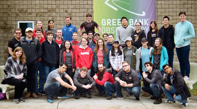Students at the Green Bank Observatory in Green Bank, West Virginia. A group of astronomy and physics students at the Green Bank Observatory in Green Bank, West Virginia.