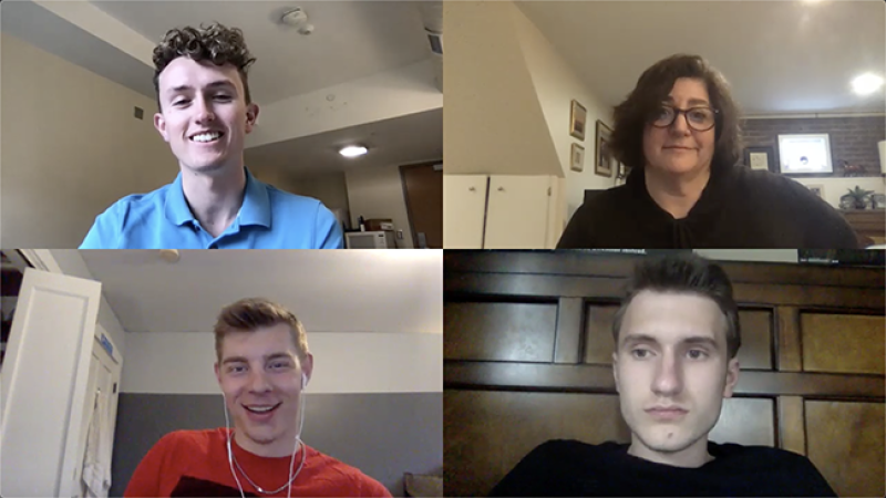 A screenshot from the virtual production of an episode of "Lantern Lites." Clockwise from top left: reporter Max Garrison, Associate Professor-Clinical Nicole Kraft, reporter Owen Milnes and Kevin Lapka. A screenshot from the virtual production of an episode of "Lantern Lites." Clockwise from top left: reporter Max Garrison, Associate Professor-Clinical Nicole Kraft, reporter Owen Milnes and Kevin Lapka.