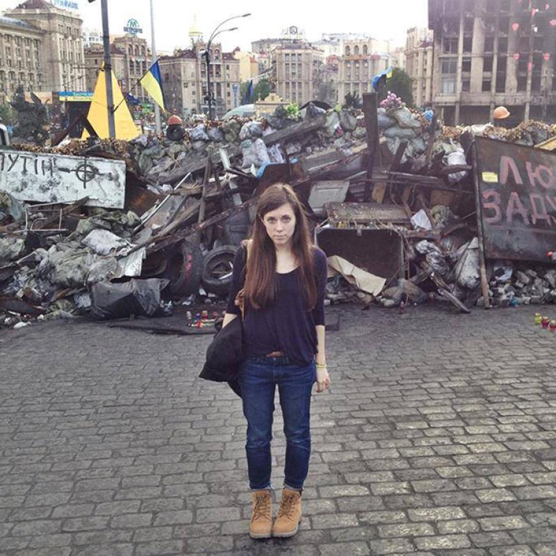 Sonya Bilocerkowycz stands in front of a barricade in Kyiv, Ukraine, in the aftermath of the Ukrainian revolution in spring 2014. Sonya Bilocerkowycz stands in front of a barricade in Kyiv, Ukraine, in the aftermath of the Ukrainian revolution in spring 2014.