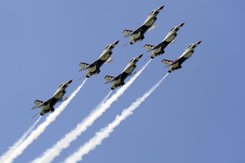 The six Thunderbirds fly in the delta formation. Photo credit U.S. Air Force. The six Thunderbirds fly in the delta formation. Photo credit U.S. Air Force.