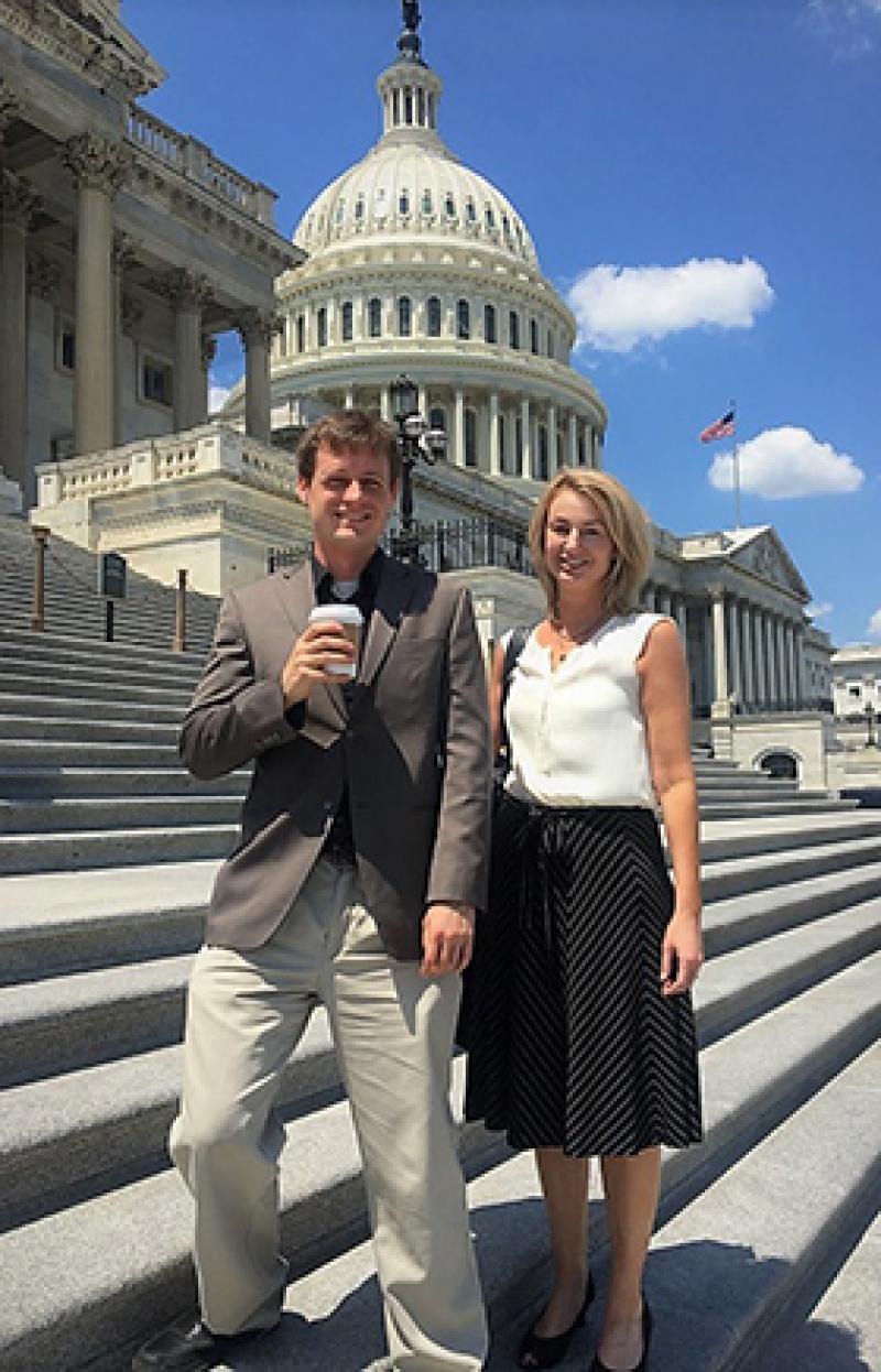 Scott Duxbury, PhD student in the Department of Sociology, and Dana Haynie, director of the Criminal Justice Research Center, in front of the U.S. Capitol. Scott Duxbury, PhD student in the Department of Sociology, and Dana Haynie, director of the Criminal Justice Research Center, in front of the U.S. Capitol.