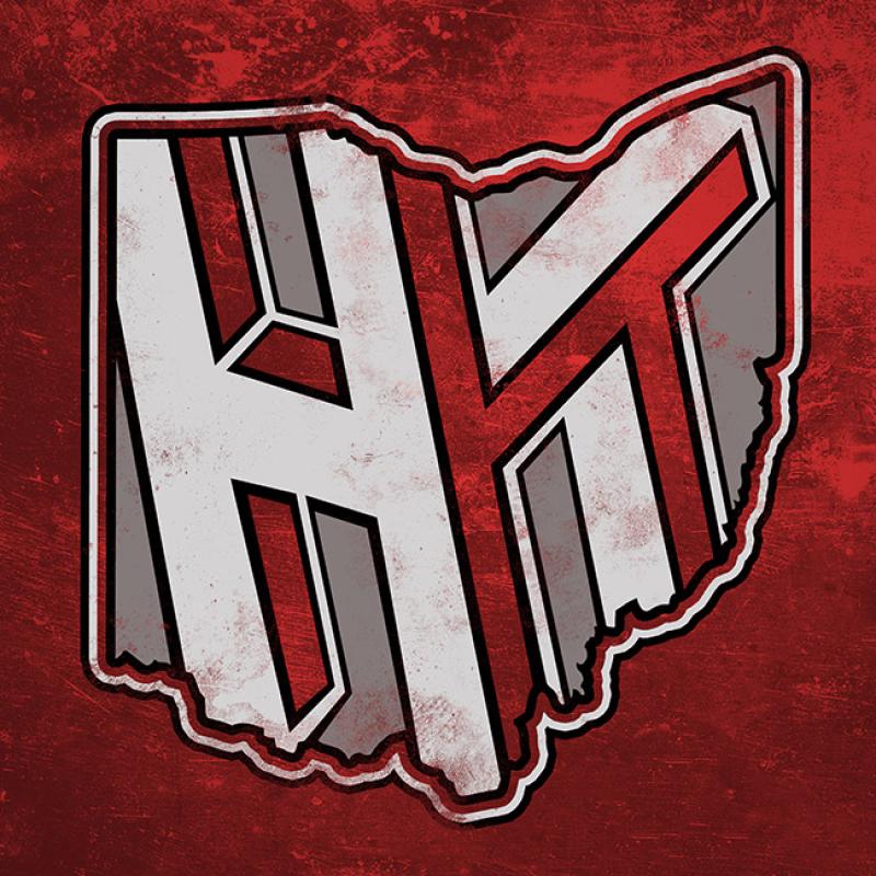 Huntertones logo in scarlet and gray Huntertones logo