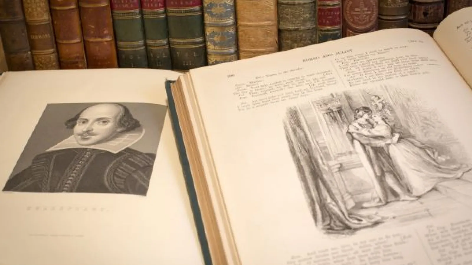 old books showing a Shakespeare portrait and a page from Romeo and Juliet