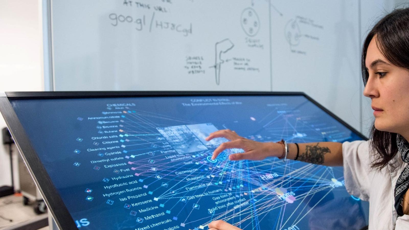 a researcher at a large computer screen