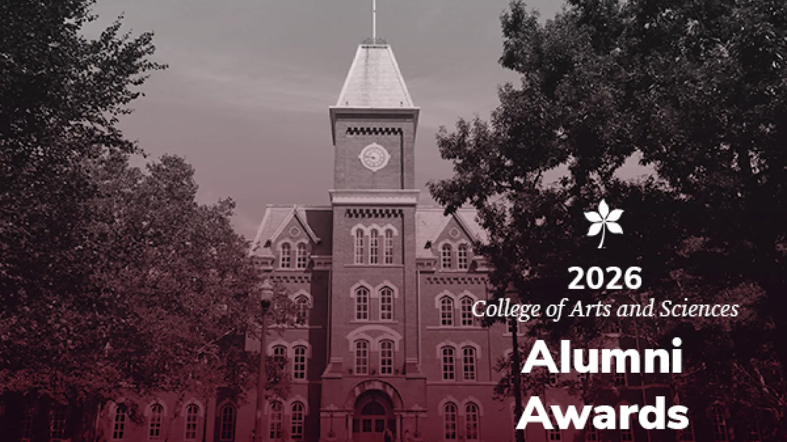 University Hall with a red overlay that reads "2026 Alumni Awards"