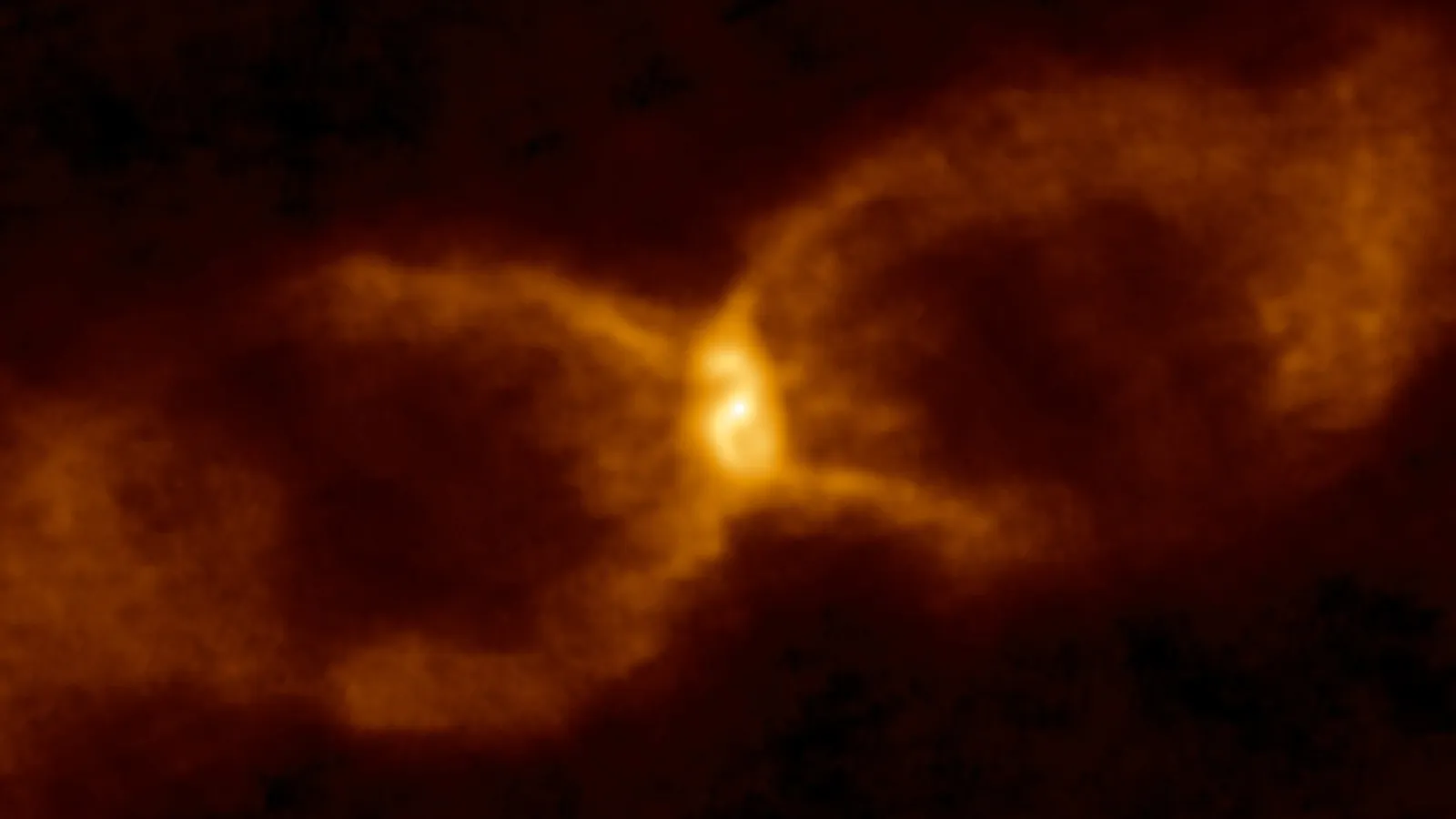 CK Vulpeculae, an hourglass-shaped cloud that formed after a brown dwarf and a white dwarf collided in 1670. Image courtesy ALMA (ESO/NAOJ/NRAO)/S. P. S. Eyres
