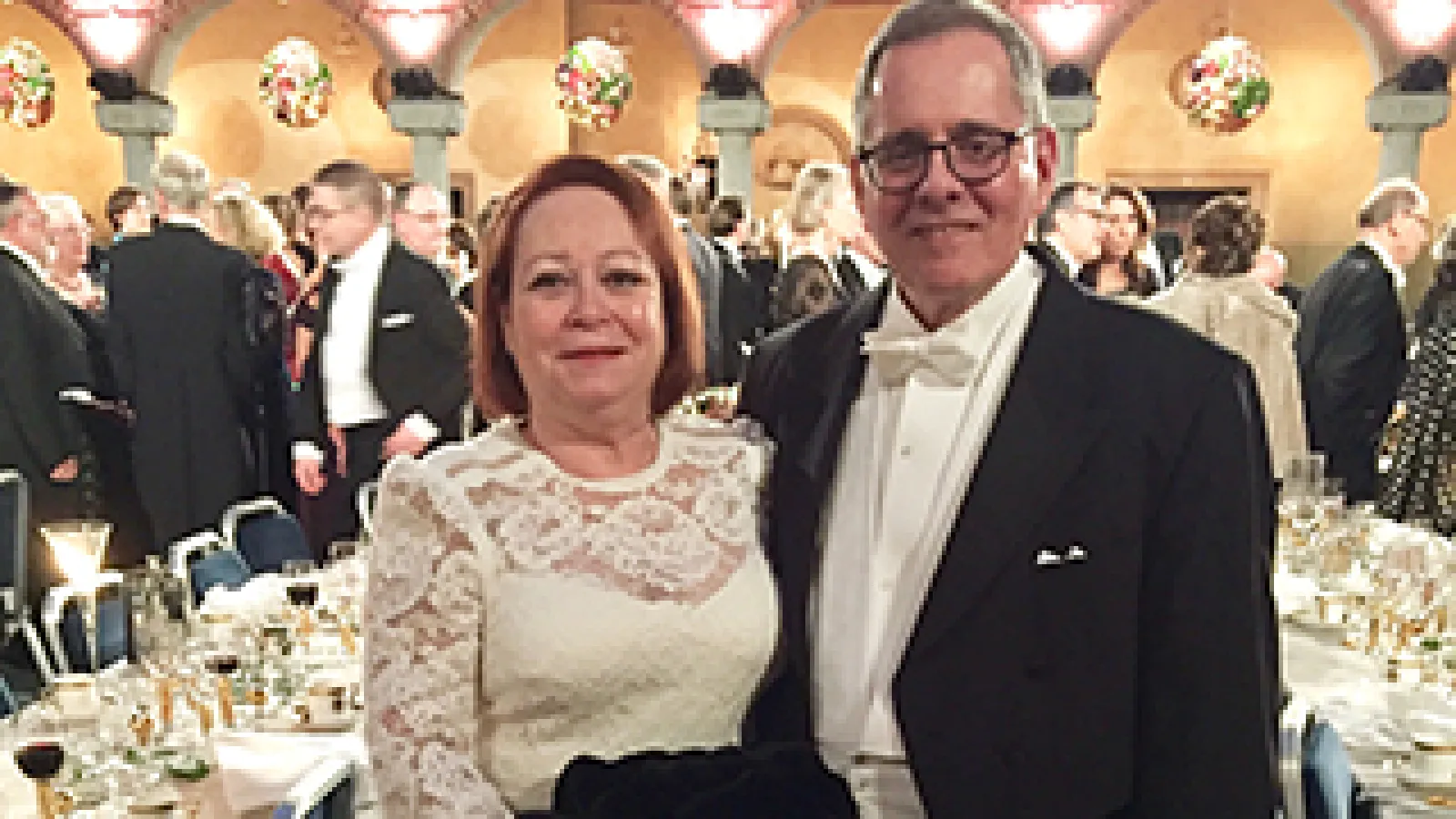 Louis DiMauro, Edward E. and Sylvia Hagenlocker Chair and Professor of Physics, and his wife, Barbara DiMauro (left), at the 2018 Nobel Prize Banquet in Stockholm, Sweden. 