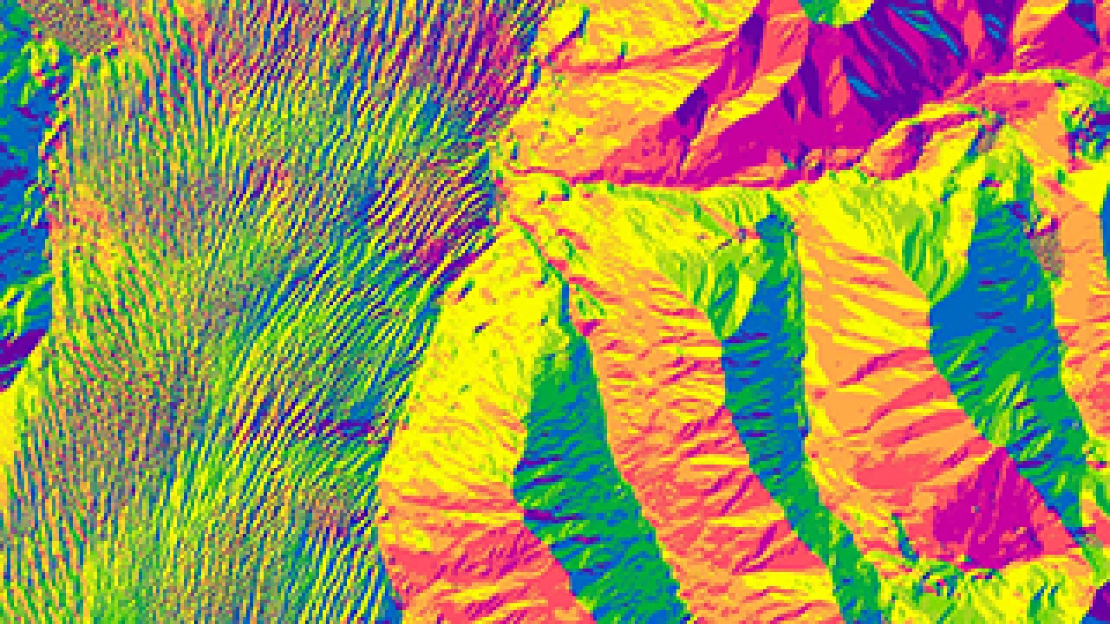 An ArcticDEM “aspect” map, color-coded by the orientation of downward sloping terrain. 