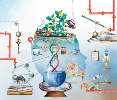 Illustration of head and scientific instruments