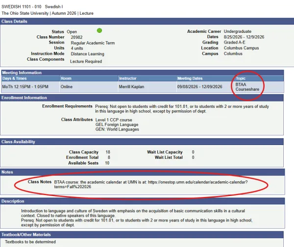 screenshot of Swedish 1101 designated for the BTAA Courseshare program.