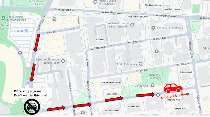 Map of campus with route to drop off near Hopkins Hall marked