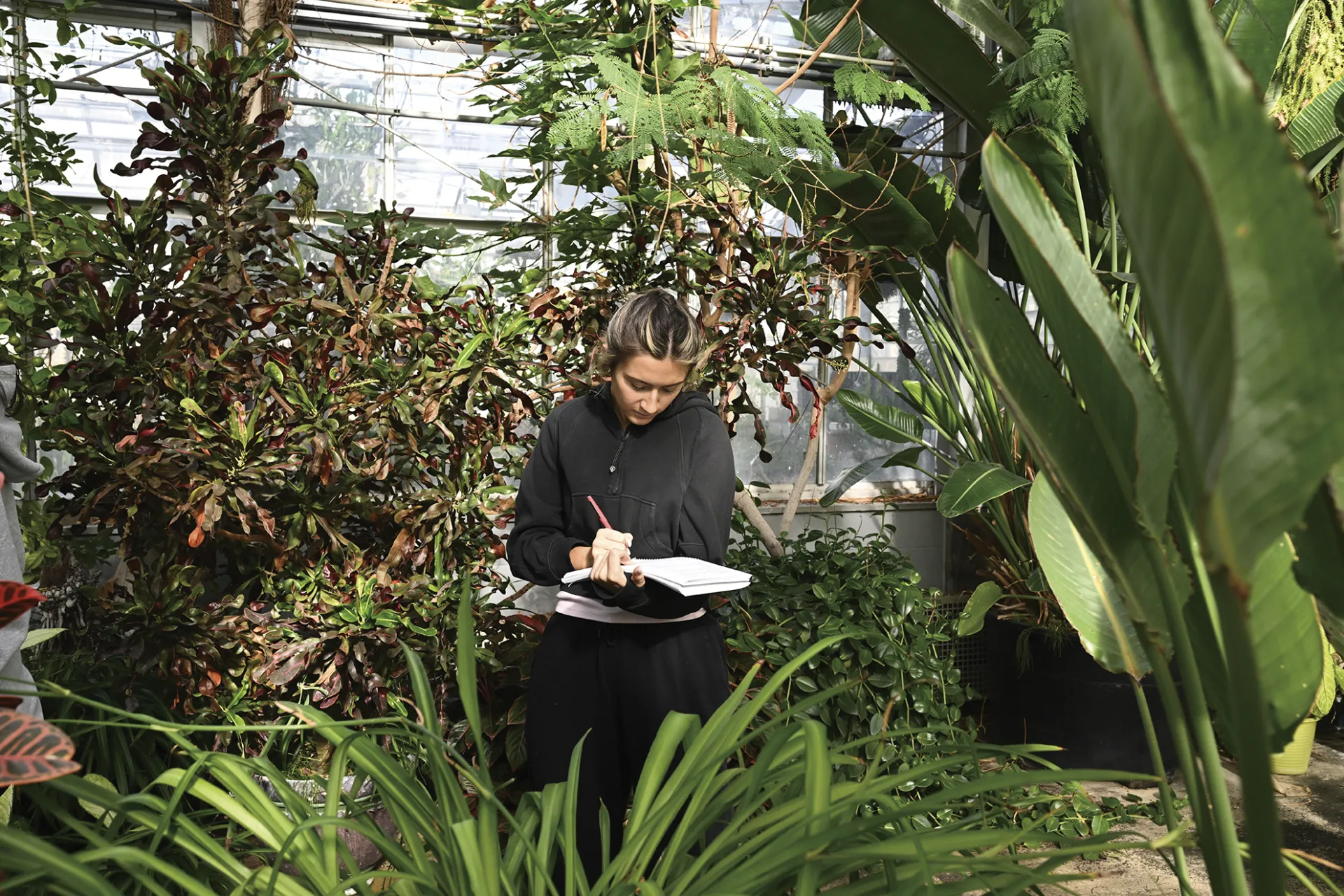 An undergraduate student taking notes during a biology class.