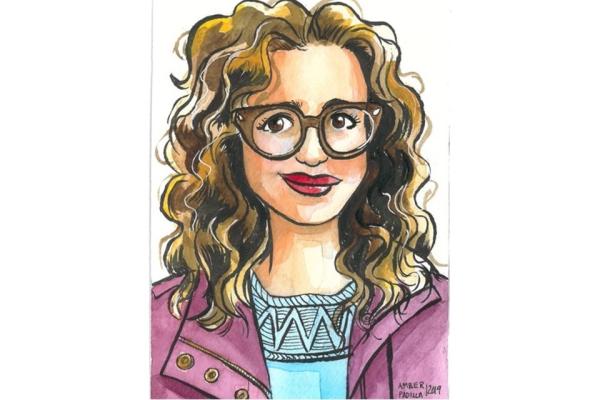 an illustration of a woman with curly hair wearing a pink jacket