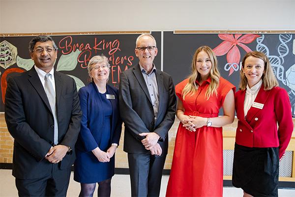 From left to right, photo of Provost Ravi V. Bellamkonda, Dean Susan Olesik, Dean David Horn, Amanda Miller, and Luiza Newlin-lukowicz