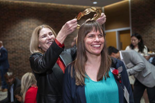 Kate Shannon receives the Artist Laureate crown at the 2025 Faculty Awards Celebration.