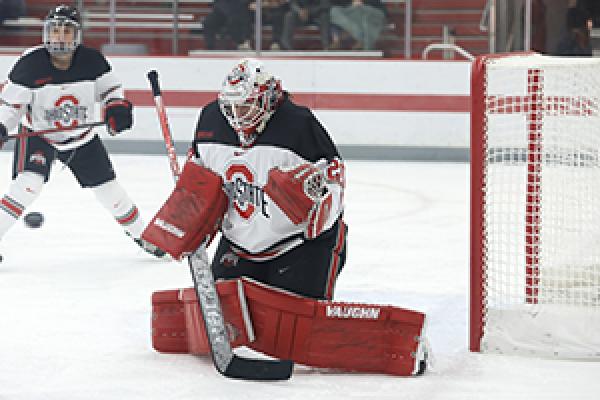 Andrea Braendli saving a shot in a hockey game
