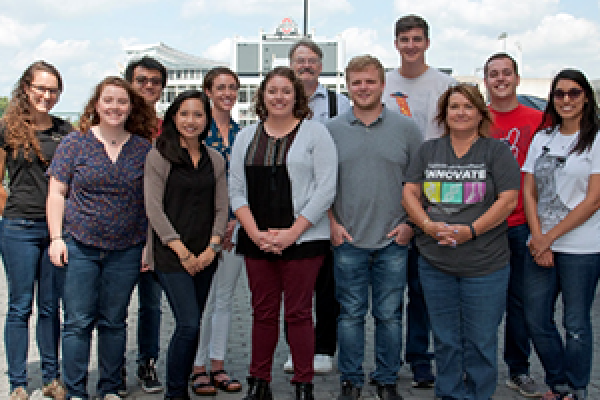 Photo left to right: Back: Natasha Pettinger (Kohler Group), Hongtu Zhang (Thomas), Allie Curtze (Wu, Y.), John Herrington, Mike Scudder (Goldberger), Curran Rhodes (Pei) Front: Lauren Loftus (Secretary, Turro Group), Lisa Nguyen (Vice-President, Gustafso