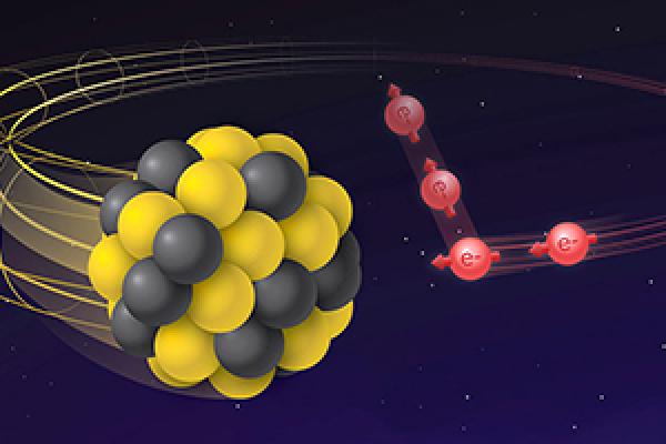 Illustration of an electron colliding with a heavier particle. Courtesy BNL.