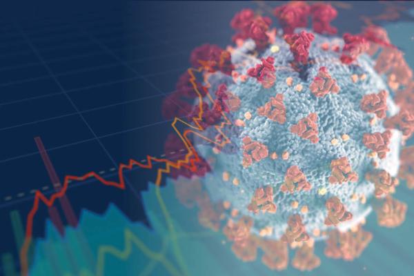 covid-19 economics Photo illustration of coronavirus and line graph