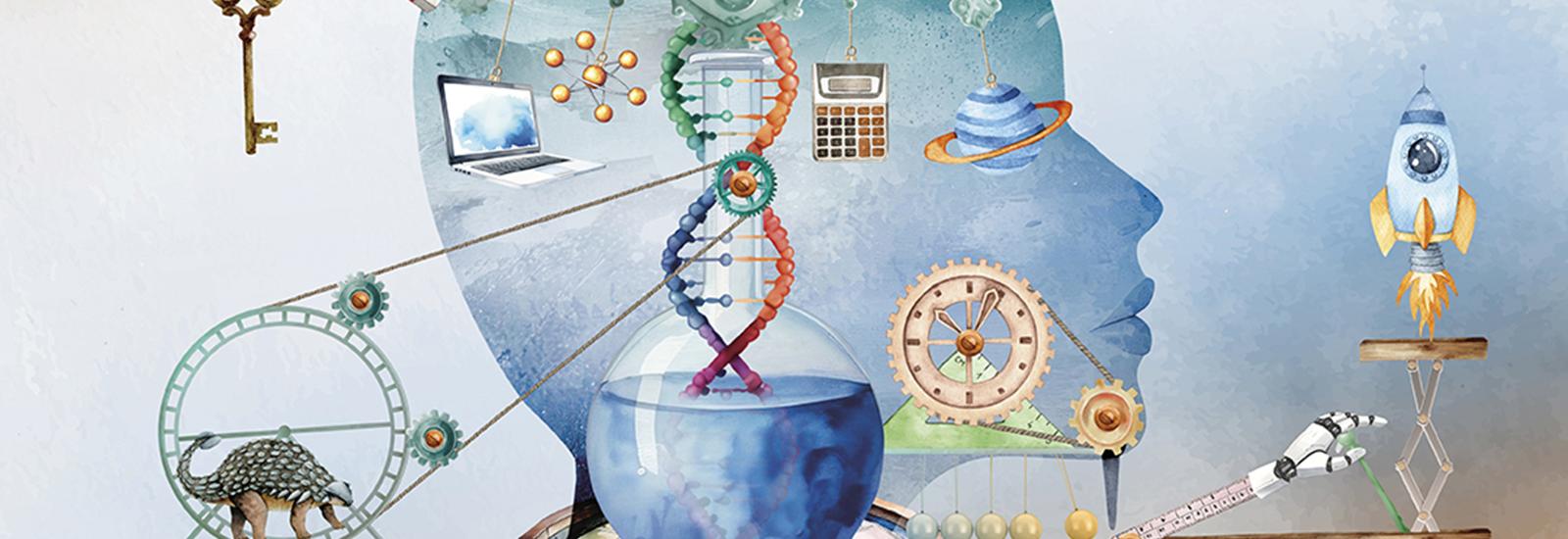 Illustration of head and scientific instruments